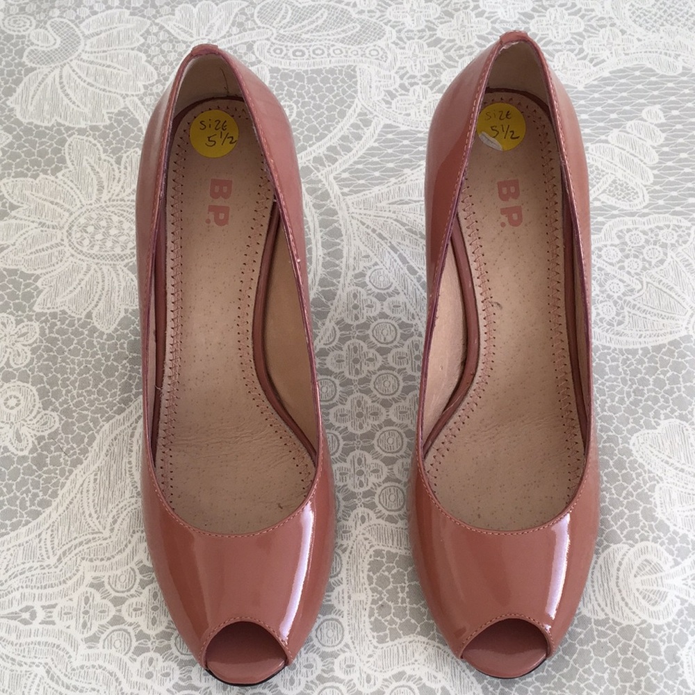 BP. Peep toe patent leather heels